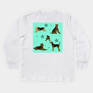 Airedale Terriers Pattern Stars Seafoam Kids Long Sleeve T-Shirt